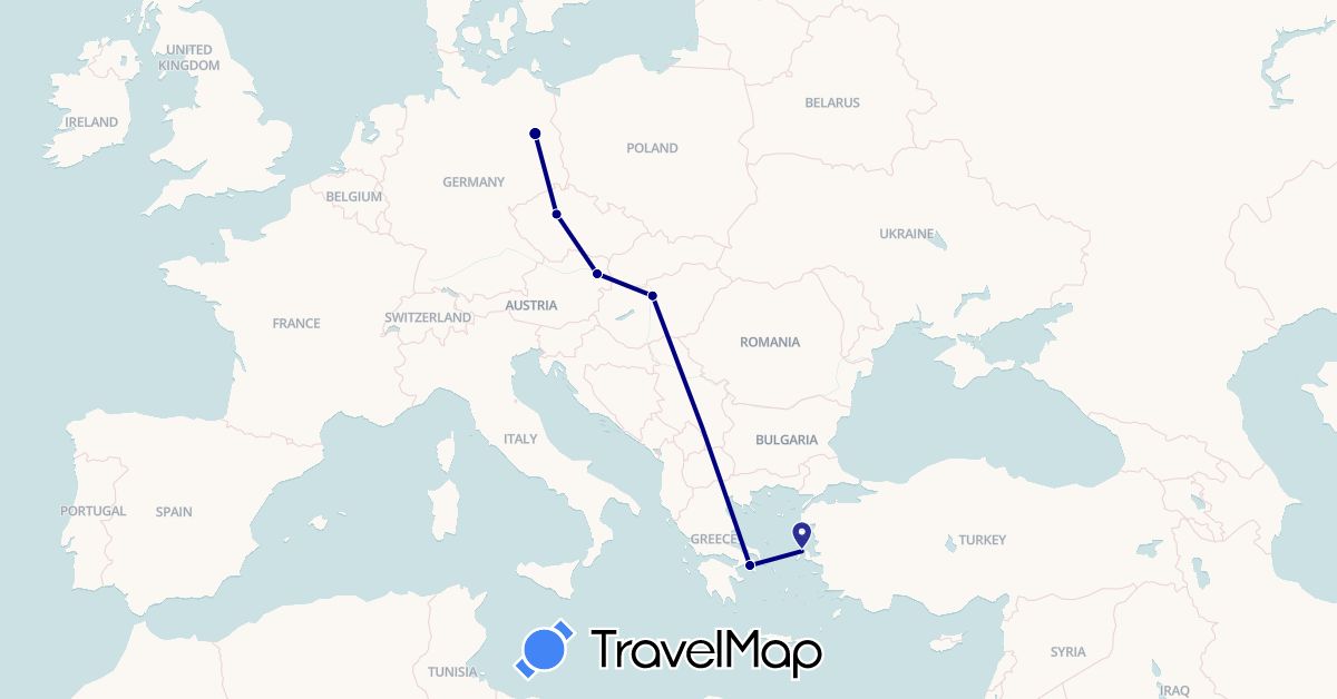 TravelMap itinerary: driving in Austria, Czech Republic, Germany, Greece, Hungary (Europe)
